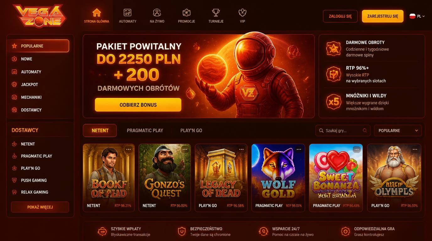 grafika przedstawiająca pakiet powitalny kasyna Vegazone z darmowymi spinami i logo dostawców gier