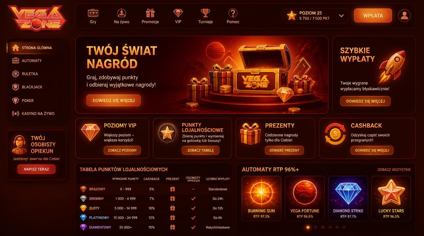 grafika programu lojalnościowego Vegazone z poziomami VIP, cashback i prezentami