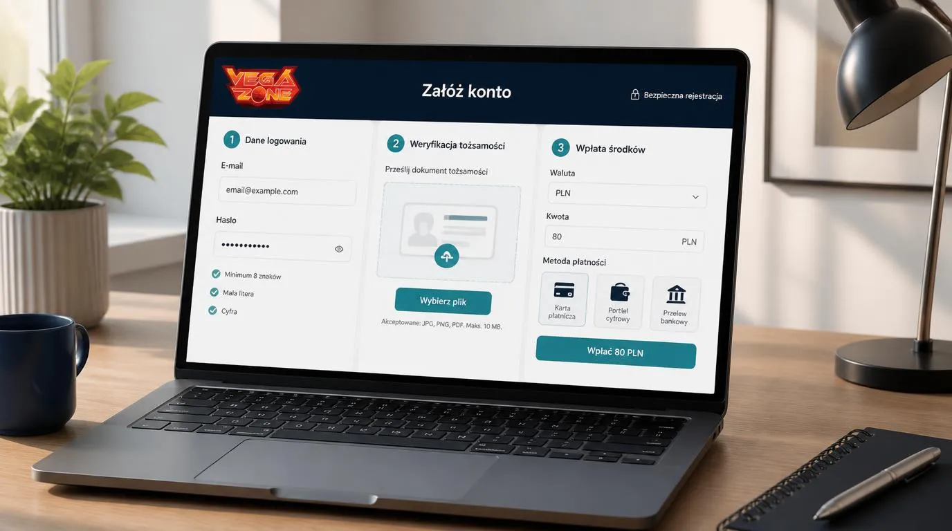 Laptop z formularzem konta, panelem weryfikacji tożsamości i wpłatą 80 PLN