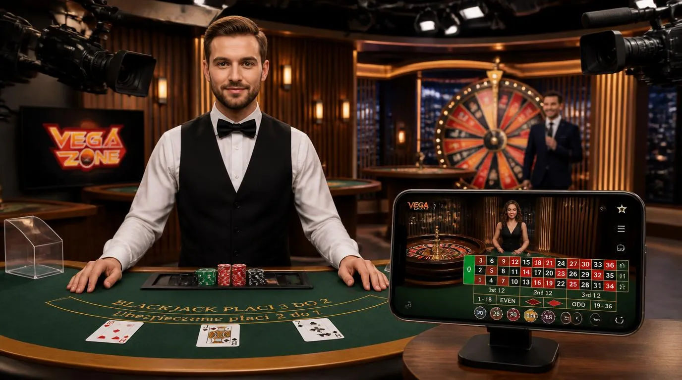 Krupier przy stole blackjacka w studiu live oraz ekran telefonu z transmisją ruletki